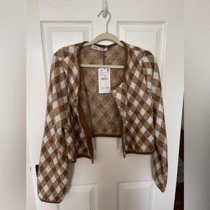 Zara checkered cropped knit cardigan